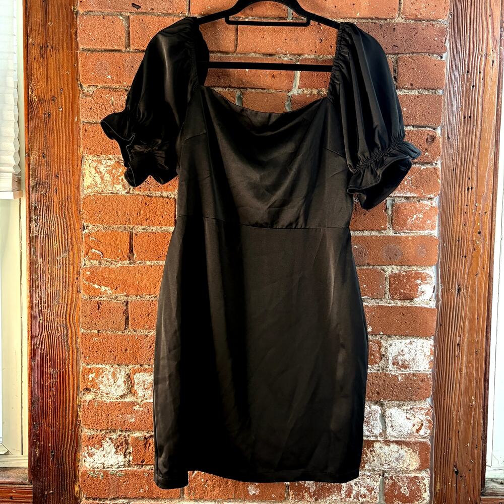 GB Square Neck Stretch Satin Puff Sleeve Mini Dress in Black LBD Party Sz M